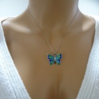14K Rose Gold Blue Green Butterfly Necklace