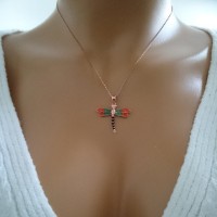 14K Rose Gold Green Red Butterfly Necklace