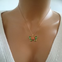 14K Rose Gold Red Green Butterfly Necklace