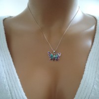 14K Rose Gold Red Turquoise Butterfly Necklace