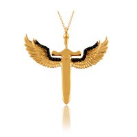 14K Solid Gold Angel Sword Justice Angel Wings Charm Pendant Necklace