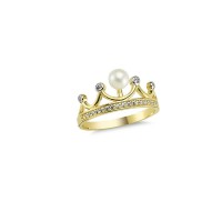 14K Solid Gold Art Design Fashion Queen Crown Pearl Ladies Ring