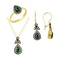 14K Solid Gold Gemstone Cz Drop Emerald Set
