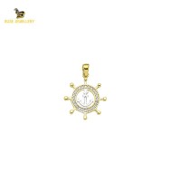 14K Solid Gold Rudder and Anchor Charm Pendant