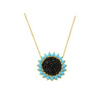 14K Solid Gold Turquoise Pave Necklace