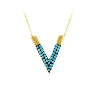 14K Solid Rose Gold Turquoise Art Design " V " Charm Pendant Necklace
