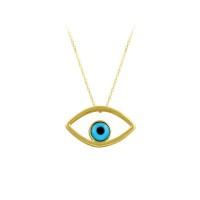 14K Solid Yellow Gold Golden Evil Eye Charm Pendant Necklace