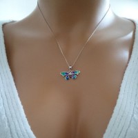 14K White Gold Green Blue Butterfly Necklace