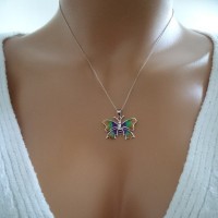 14K White Gold Green Yellow Butterfly Necklace