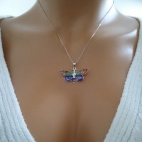 14K White Gold Red Green Butterfly Necklace
