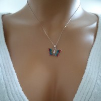 14K White Gold Red Yellow Butterfly Necklace