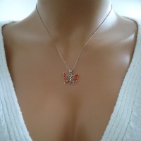 14K White Gold Red Yellow Butterfly Necklace
