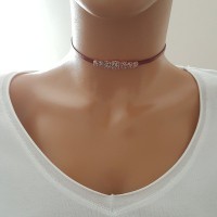 925 K Sterling Silver Choker Claret Red Leather Necklace