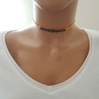 925K Sterling Silver Black Choker Yellow Leather Necklace