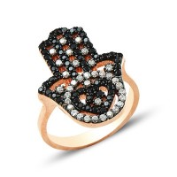 925K Sterling Silver Black Stone Ottoman Fashion Art Fatimas Hand Ring