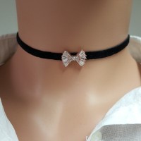 925K Sterling Silver Bow tie Baguette Choker Necklace