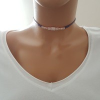 925K Sterling Silver Choker Purple Leather Necklace