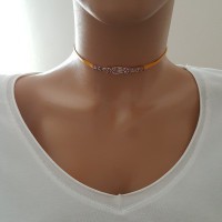 925K Sterling Silver Choker Yellow Leather Rainbow Necklace