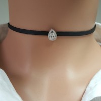 925K Sterling Silver Drop Choker Cz Diamond Black Leather Necklace