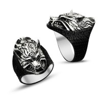 925K Sterling Silver Gray Wolf Men Ring