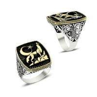 925K Sterling Silver Gray Wolf Men Ring