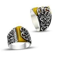 925K Sterling Silver Handmade Amber Men Ring