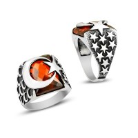 925K Sterling Silver Star And Crescent Men Ring