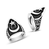 925K Sterling Silver Star And Crescent Men Ring