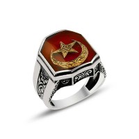 925K Sterling Silver Star And Crescent Men Ring