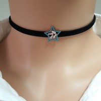 925K Sterling Silver Star Choker Cz Diamond Black Leather Necklace