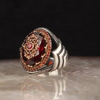 925 Sterling Silver Red Zircon Stone Handmade Men Ring