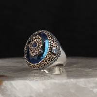 925 Sterling Silver Blue Topaz Engraved Pattern Handmade Men Ring