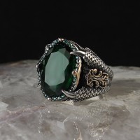 925 Sterling Silver Green Zircon Stone Eagle Claw Men Ring