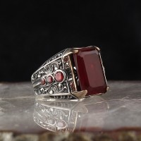 925 Sterling Silver Agate Stone Handmade Square Men Ring