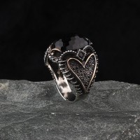 925 Sterling Silver Black Zircon Stone Heart Detail Handmade Men Ring