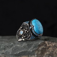 925 Sterling Silver Turquoise Stone Traditional Handmade Men Ring