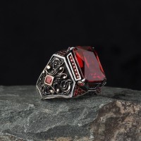 925 Sterling Silver Red Zircon Stone Handmade Square Men Ring