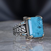 925 Sterling Silver Turquoise Stone Handmade Chain Link Men Ring