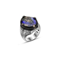 925 Silver Blue Zircon Stone Ring For Men