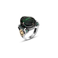 925 Silver Green Zircon Stone Moon and Star Ring For Men