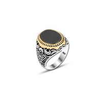 925 Silver Black Onyx  Flower Figure Ring For Men