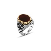 925 Silver Burgundy Agate Stone Pattern Ring For Men