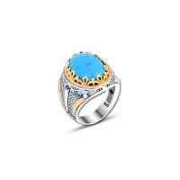 925 Silver Turquoise Stone Pattern Ring For Men