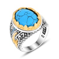 925 Silver Turquoise Stone Ottoman Ring For Men