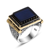 925 Silver Navy Blue Agate Stone Ottoman Ring For Men