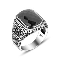 925 Silver Black Square Zircon  Ottoman Ring For Men