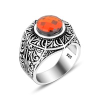 925 Silver Red Round Ring For Men 