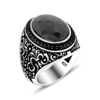 925 Silver Black Zircon Pattern Ring For Men