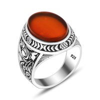 925 Silver Red Round Pattern Ring For Men