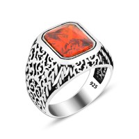 925 Silver Red Square Zircon Stone Ring For Men